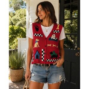 Vintage Capacity Petite Small Dog Print Sleeveless Button Down Knit Sweater Vest